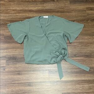 Zenana Wrap Front Short Sleeve Top in Sage Green